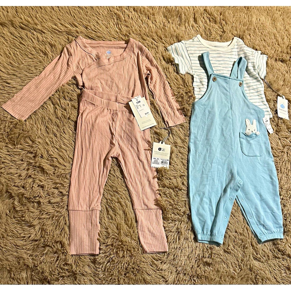 2 Sets Cloud Island 12M 4-Piece Bunny Outfit Set Bodysuit Pants Overalls Tee